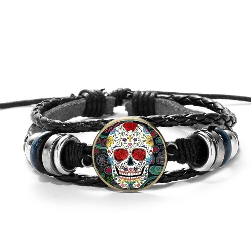 SIAN Sugar Skull Mexico Folk Art Patterns Bracelet Multilayer Braided PU Leather Bracelet Men Women Day of The Dead Special: Style 8