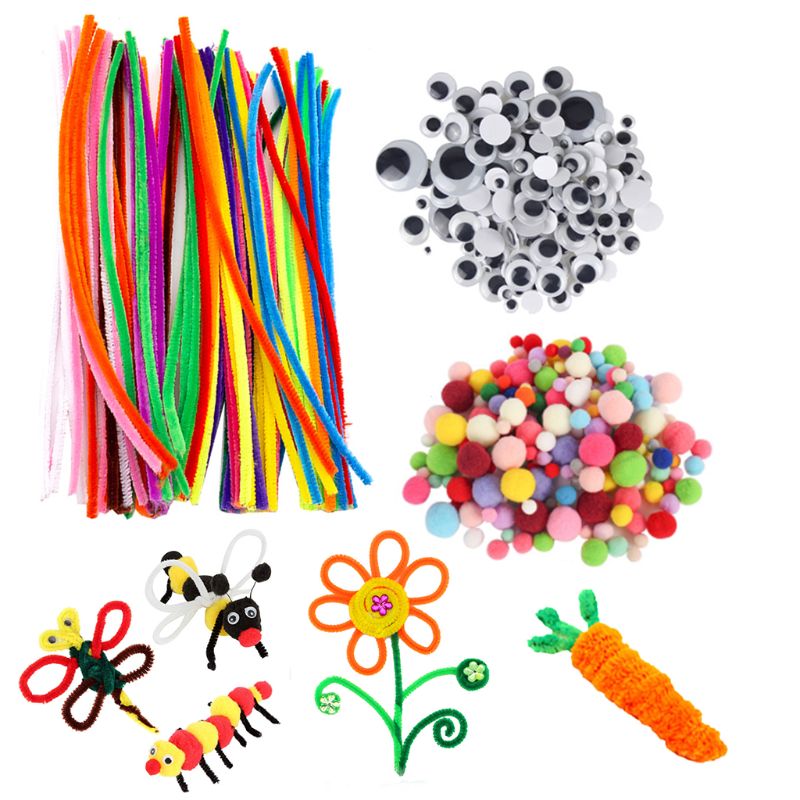 500pcs DIY Activities Pipe Cleaners Ornament Making School Projects Googly Eyes Chenille Kids Art Pompoms Craft Supplies Set