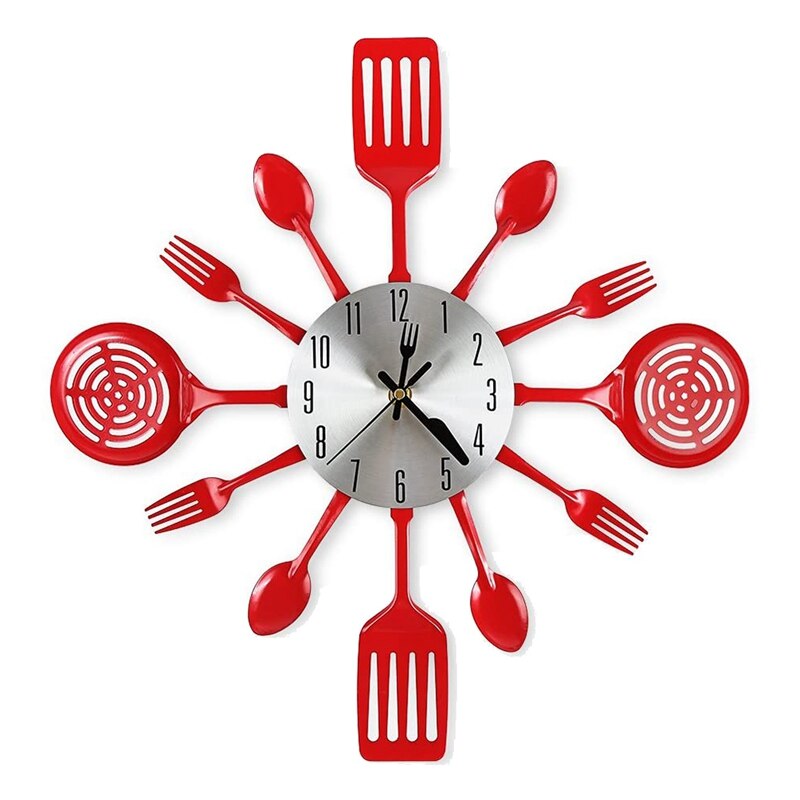 Relojes de pared grandes de 16 pulgadas con cucharas y tenedores, vajilla 3D, reloj de pared para decoración del hogar y la habitación: Red
