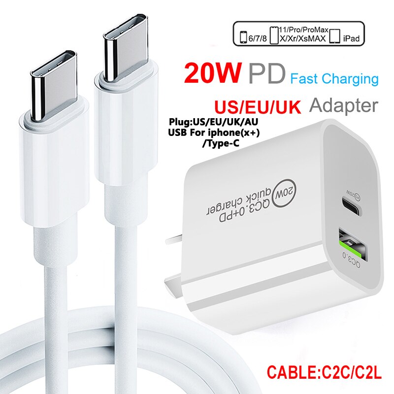 Szybka wtyczka USB PD 5V3A 9V2A QC3.0 telefon komórkowy tablet kabel ładowania dla UK/AU/US/ue dla iPhone/type-c 20W ładowarka biurowa