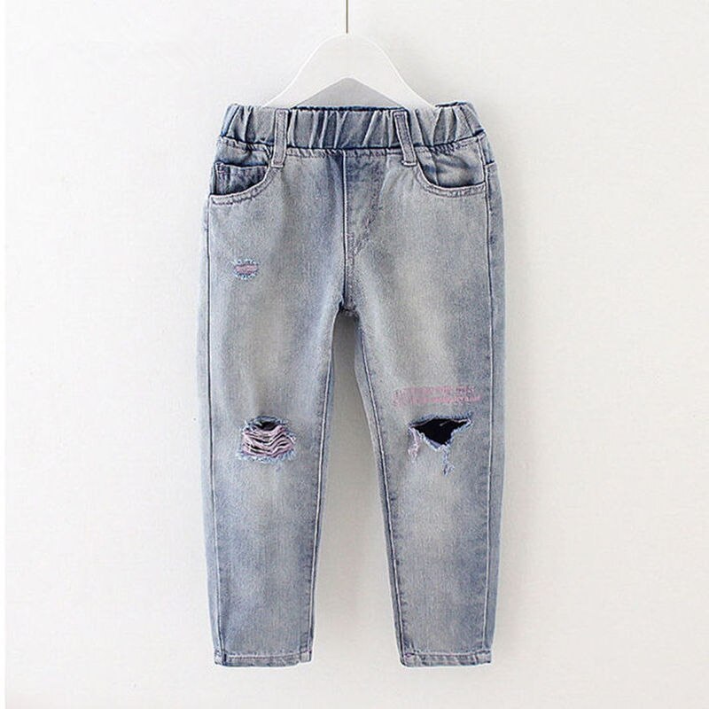 Meisjes gescheurde gaten jeans lente/herfst kinderen kapotte denim broeken broeken voor tienermeisjes 110-160cm dwq 636