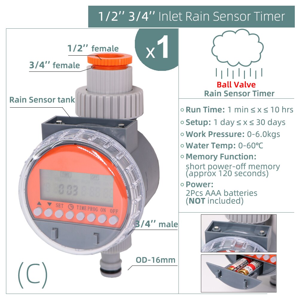 1PC Water Timer Rain Sensor Solar LCD Double Dial Ball Valve Controller Garden Watering Irrigation 1/2&#39;&#39;3/4&#39;&#39; Tap Joint Solenoid: C-1PC