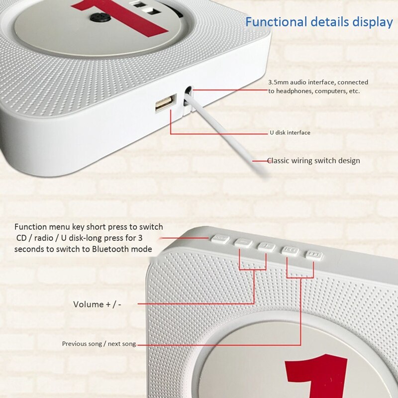 Cd-spelare väggmonterad bluetooth fm-radio usb  mp3 med fjärrkontroll inbyggd hifi-högtalare (us-kontakt)