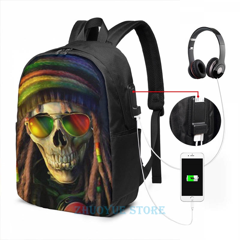 Grappige Grafische Print Rasta Skelet Usb Lading Rugzak Mannen Schooltassen Vrouwen Cosmetische Tas Reizen Laptoptas