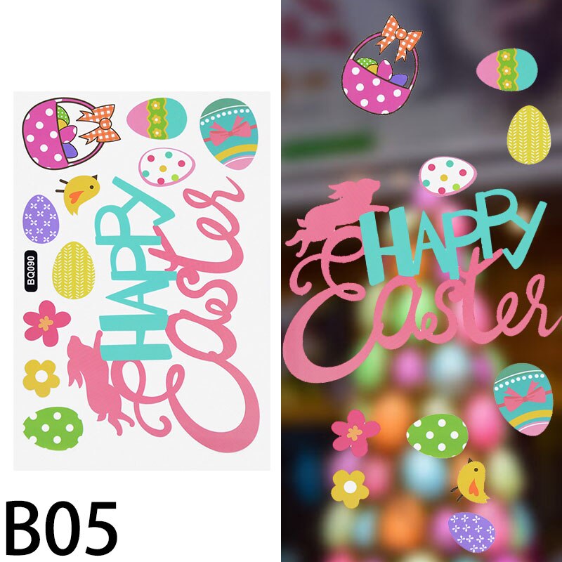 Pegatina de ventana de conejo de Pascua para decoración del hogar, Adhesivo de pared de huevo colorido, bonito pollo, conejo, suministros de de Primavera y Pascua: B05