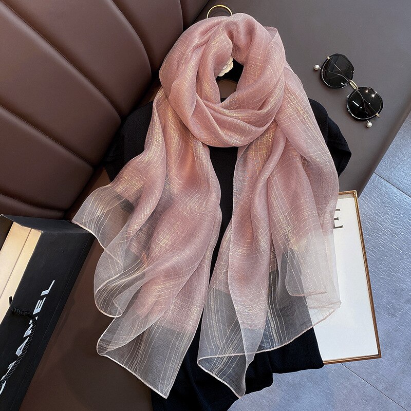 Autumn And Winter Silk Scarf Women's Temperament Gold Long Shawl Dual-Purpose Silk Scarf: Pink1