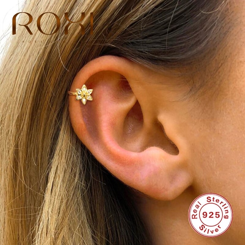 Roxi luksus rund sort zirkon kronblad snefnug klip øreringe til kvinder rund cirkel øre manchet ingen piercinger sølv 925 smykker