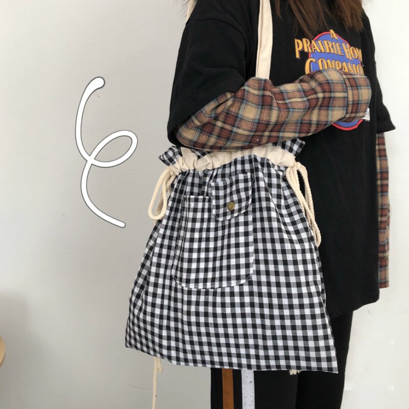 Indkøbstasker kvinder plaid snøre afslappet justerbar stor kapacitet ins søde studerende shopper canvas taske enkel koreansk stil