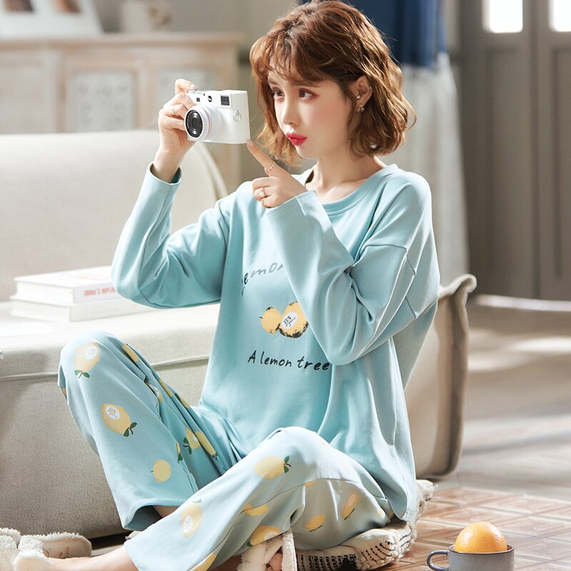 Conjuntos de pijamas de algodón de manga larga para amantes, ropa de dormir bonita con dibujos animados para parejas, para invierno: women / L