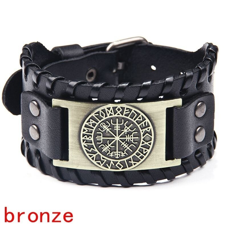 Toten Nordic Viking Odin Compass Bracelet for Man Hand-Woven Wide Leather Wristband Adjustable Bangles Punk Jewelry