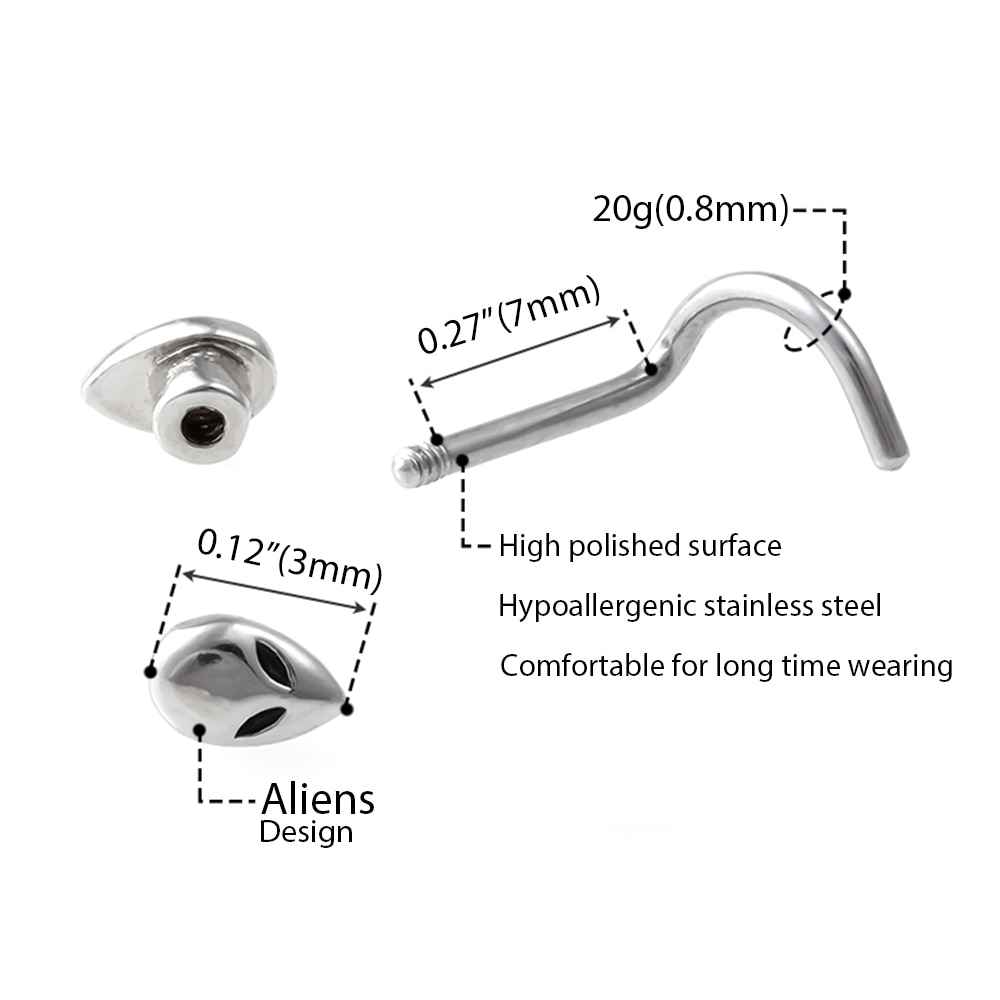 1pc Alien Nose Screw Rings Steel Nose Piercings Nez Studs Twist Curved Bar Nose Bone Stud Ring Nariz Body Piercing Jewelry 20G