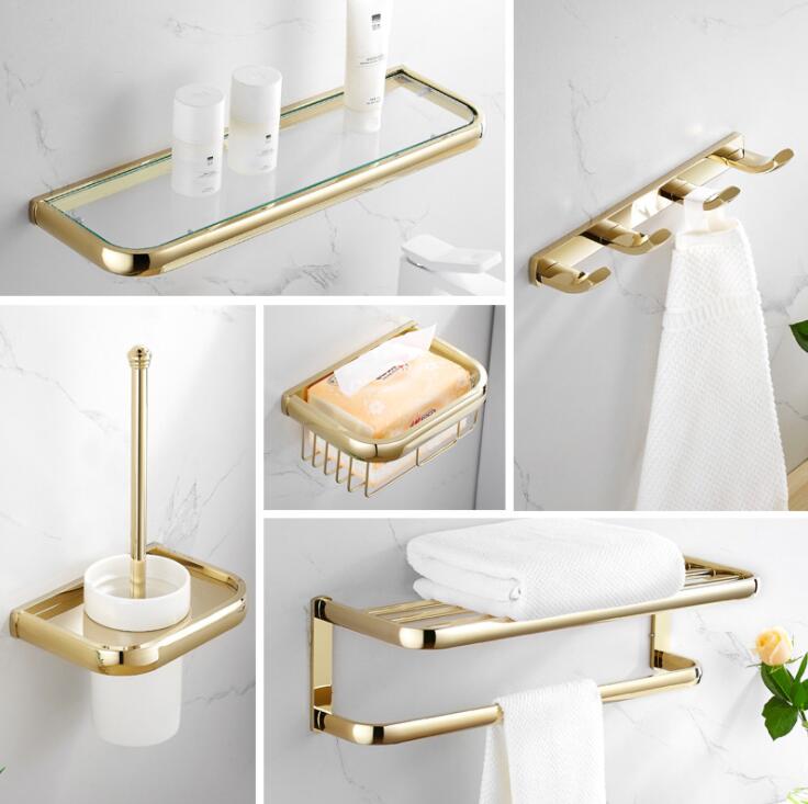 Koper Handdoekenrek Europese Stijl Golden Badhanddoek Rack Badkamer Badkamer Kamer Plank Hardware Hanger Set Bad Hardwares