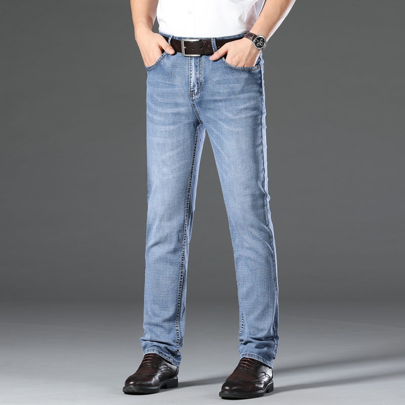 jeans menn vanlig snitt virksomhet tøye ut lyseblå grå vår sommer rett uformelt menn jeans lange bukser mannlig hombre