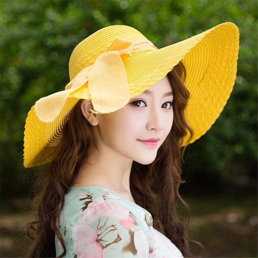 Women Colorful Big Brim Straw Bow Hat Sun Floppy Wide Brim Hats Beach Cap