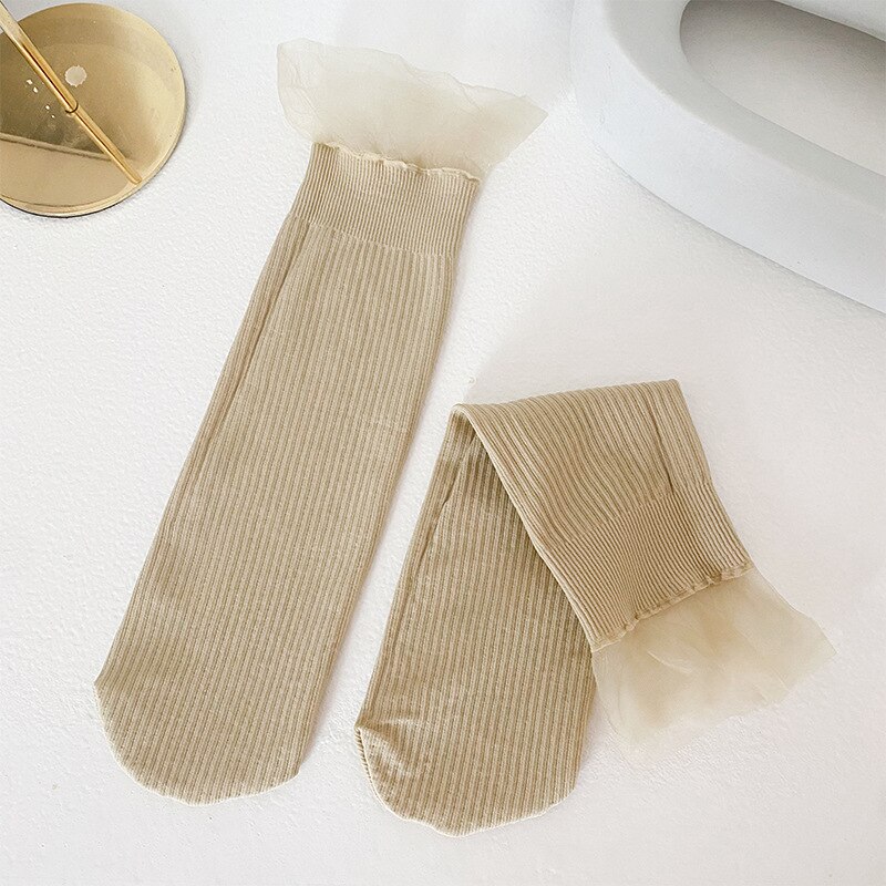 2022 frühling Sommer Mädchen Socken Neue Prinzessin Nette Atmungsaktive Lange Rohr Pile Socken Glas Silk Spitze Waden Socken: Khaki