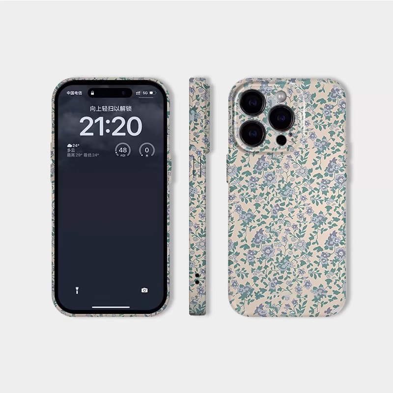 Korean Blue Small Floral Fragments Case for IPHONE 16 15PRO MAX 14 13 12 11 PRO Plus X Acrylic TPU Two in One Mobile Phone Cases: Leather / Beige