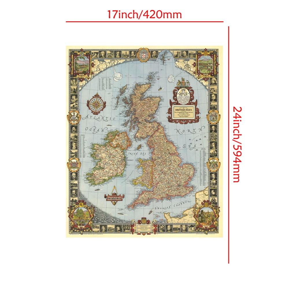 A2 størrelse vintage kongeriget storbritannien kort  in 1937 hd fint lærred decpr kort til stue / studieværelse vægindretning