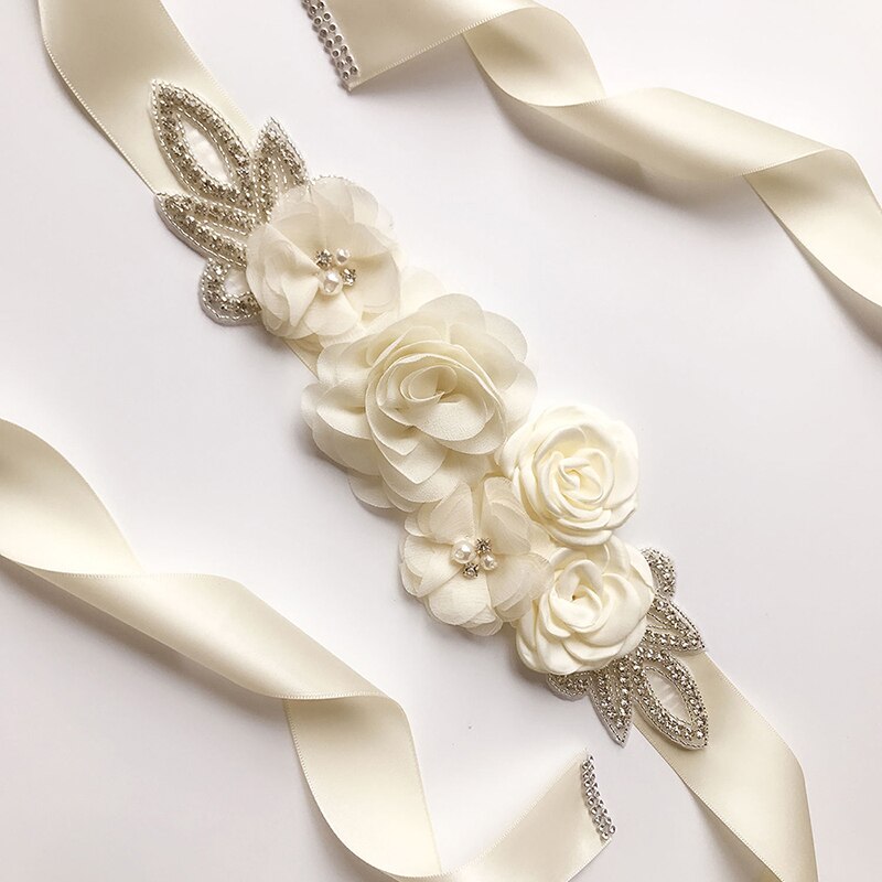 Bröllopsbälten blomma satin bröllopsklänning bälte brud strass band skärp gördel bälte för fest brudtärna kvinnor klänning: Beige