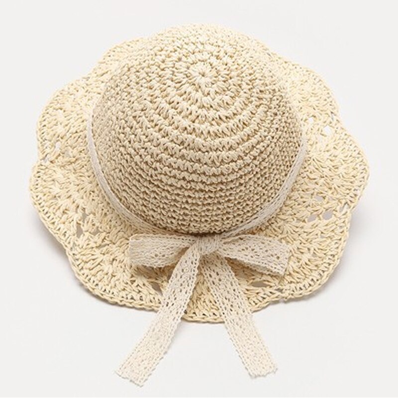 Summer Children&#39;s straw hats Baby girls breathable lace Cap bow Beach Sun Hat Wide brim Kids Princess travel sunshade Hat: beige / S(7-24 Months)