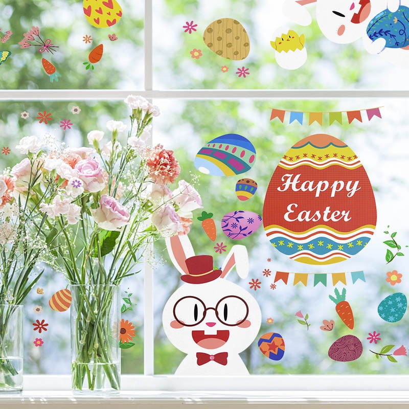 Pegatina de ventana de conejo de Pascua para decoración del hogar, Adhesivo de pared de huevo colorido, bonito pollo, conejo, suministros de de Primavera y Pascua