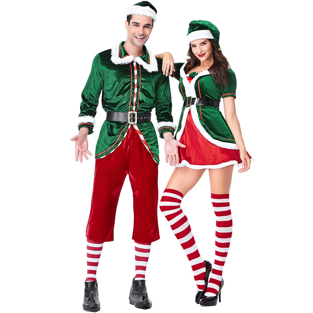 Fluwelen Liefhebbers Green Spirit van Kerst Elves Kostuums Voor Vrouw en Man Christmas Party Cosplay