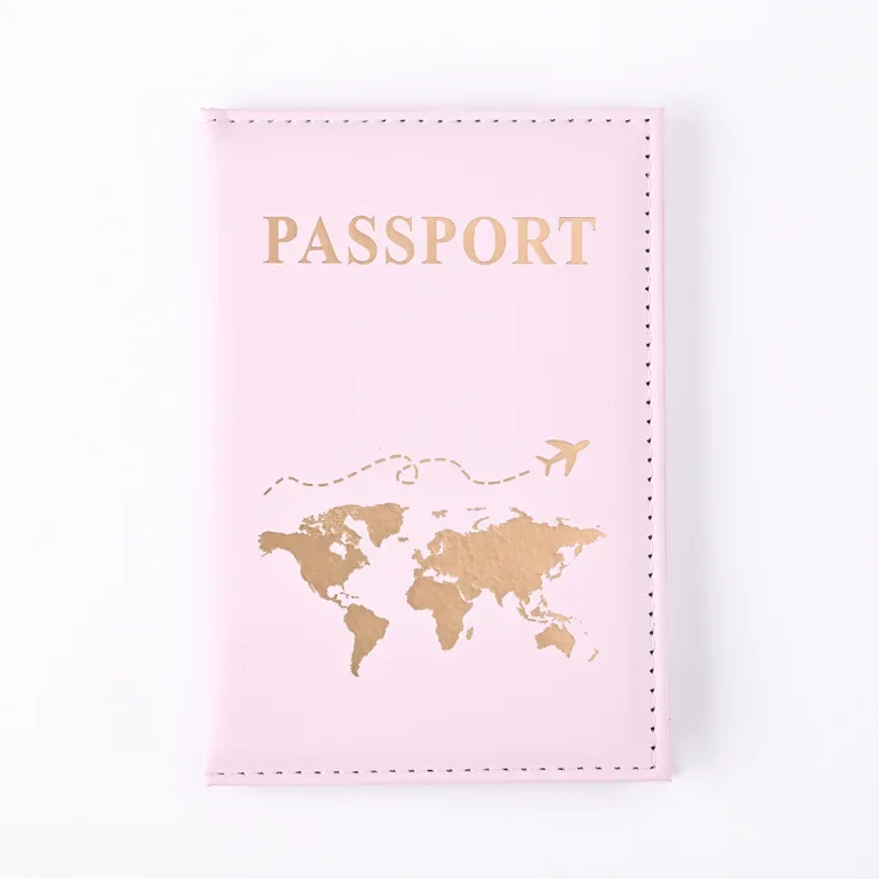Funda dorada para pasaporte de viaje para hombre y mujer, funda de cuero PU con mapa de billetes, fundas para pasaporte, accesorios protectores para pasaporte: Rosa