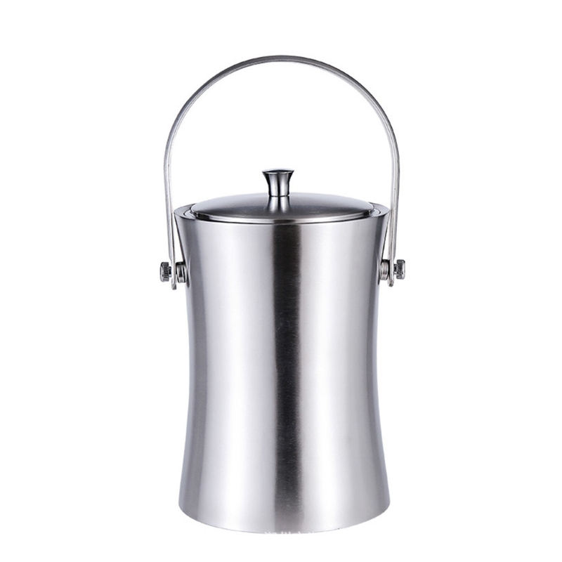 896A Stainless Steel Ice Cube Container with Lid and Tongs Champagne Cooler Ice Bucket Silver Matt Double-Walled Insulated Ice: 2.0L
