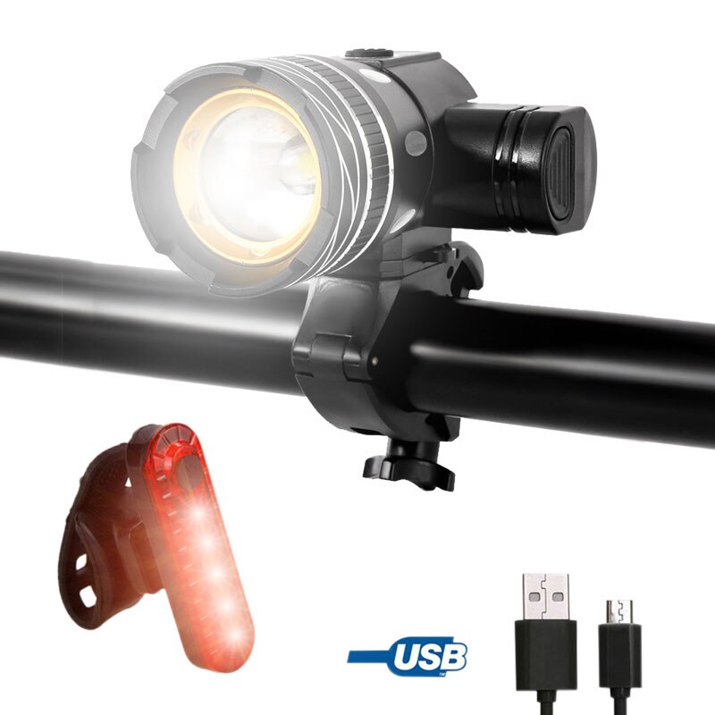Waterproof USB Rechargeable Bike Light T6 LED Front Bike Headlight MTB Bicycle Lamp with Built-in Battery Cycling Accessories: Type1 with Taillight