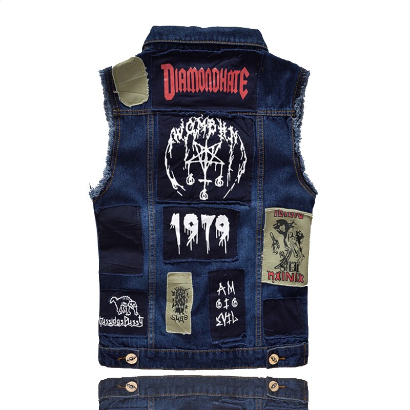 Faliza Hip Hop Mannen Patches Jeans Vest Ripped Denim Vest Mannen Denim Vest Man Mouwloos Jeans Vest Verzwakte MJ-101