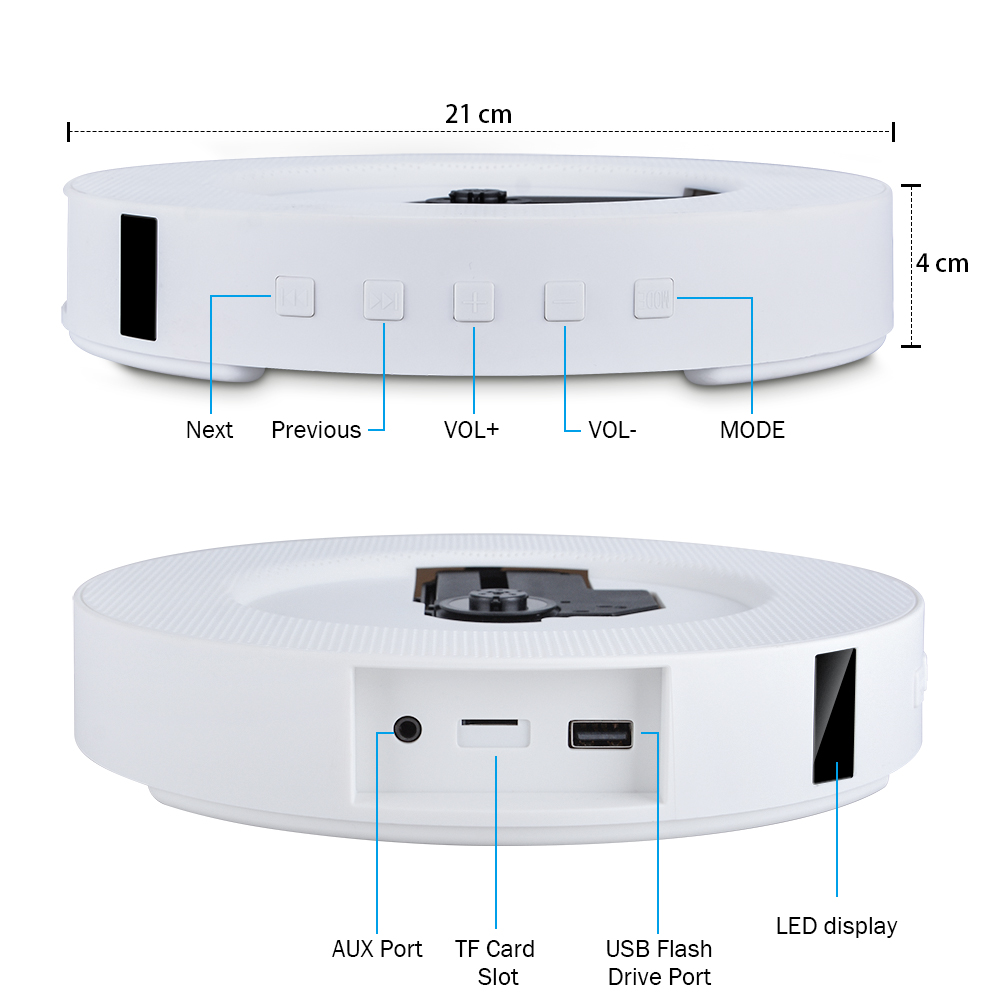 Wall Mounted Cd-speler Met Bluetooth Afstandsbediening Usb Drive Led Display Hifi Luidspreker Draagbare Home Discman Audio Fm Radio