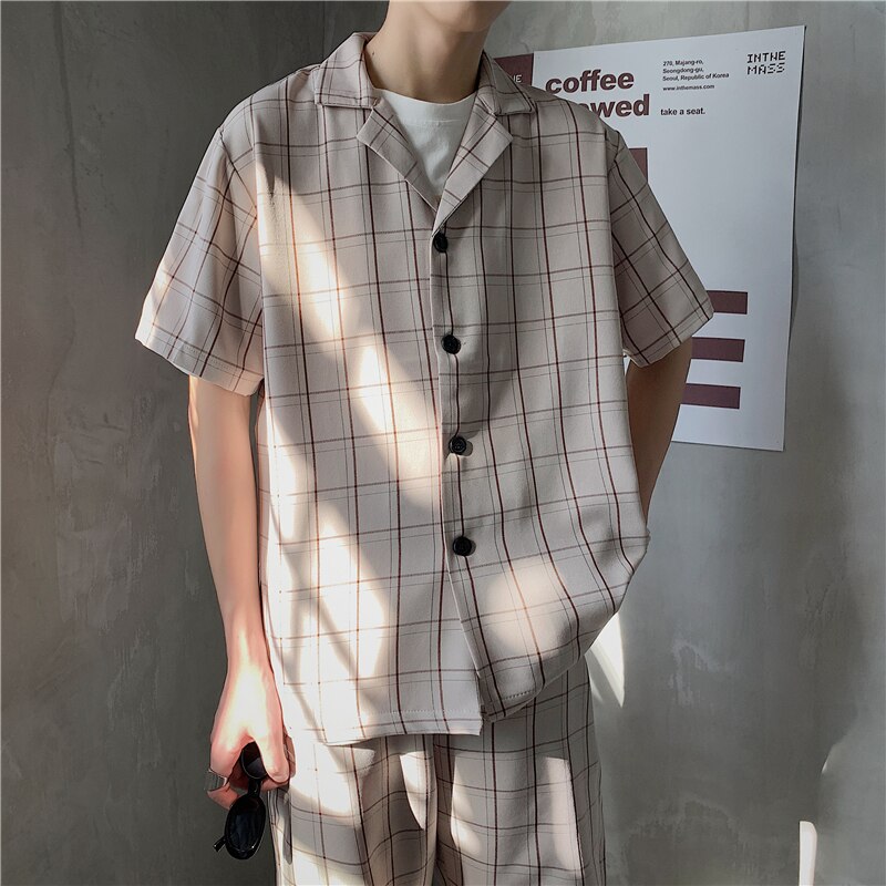 Summer Short-sleeved Shorts Suit Men's Korean Loose Business Casual Plaid Suit Men's Harajuku Streetwear Formal Suit Men