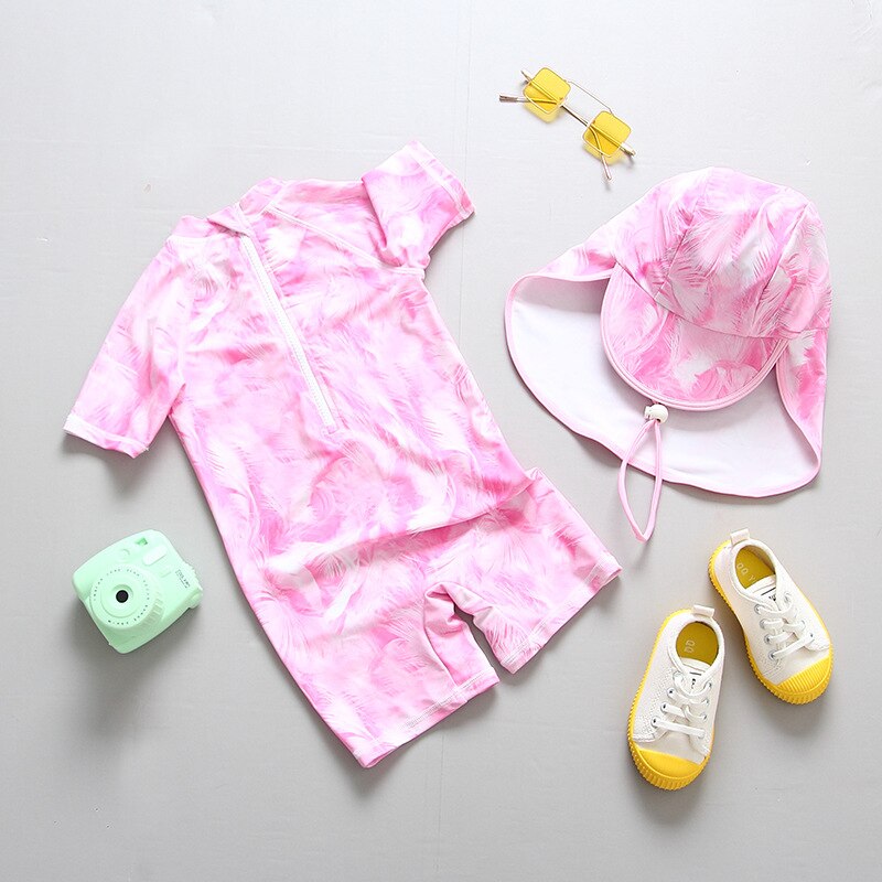 Flamingo Summer Girls Swimwear with Sun Hats UPF50+ One-Piece Swimwear for Kids Little Girls