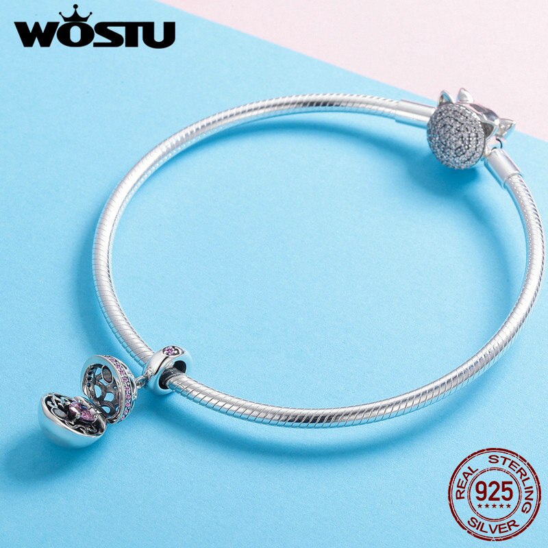 WOSTU Original 925 Sterling Silver Love Box Pink CZ Charm Pendants Fit Charm Bracelet Necklace Jewelry Making CQC689