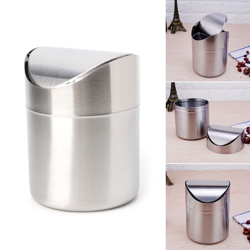 Stainless Steel Desk Trash Bin Countertop Waste Can With Swing Lid 1.5 L Mini DustBin