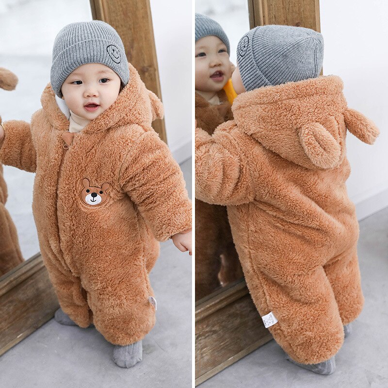 Criança do bebê macacão de inverno engrossar flanela macacão recém-nascido capuz urso macacão infantil menino menina algodão roupas crianças ano novo casaco: Brown / 3M