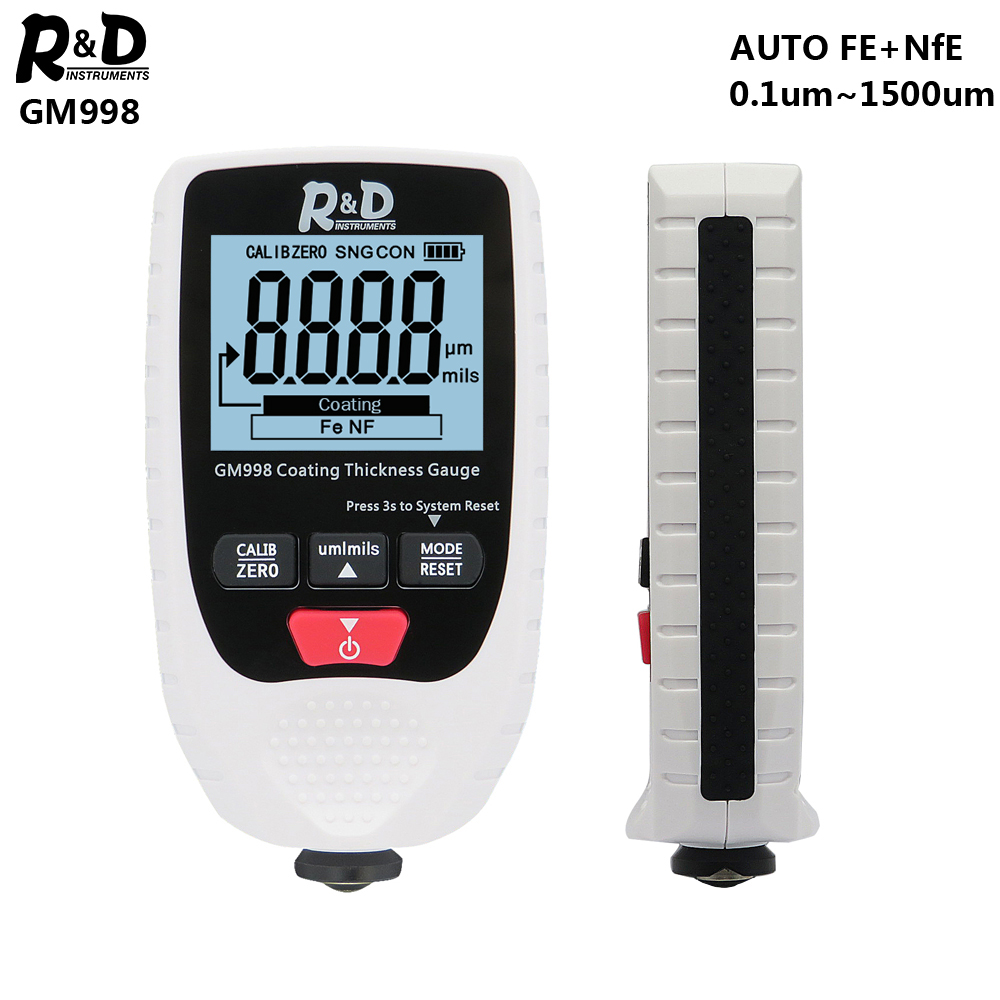 R & D GM998 gris voiture peinture revêtement jauge d'épaisseur galvanoplastie métal revêtement testeur d'épaisseur mètre 0-1500um Fe & NFe sonde: White