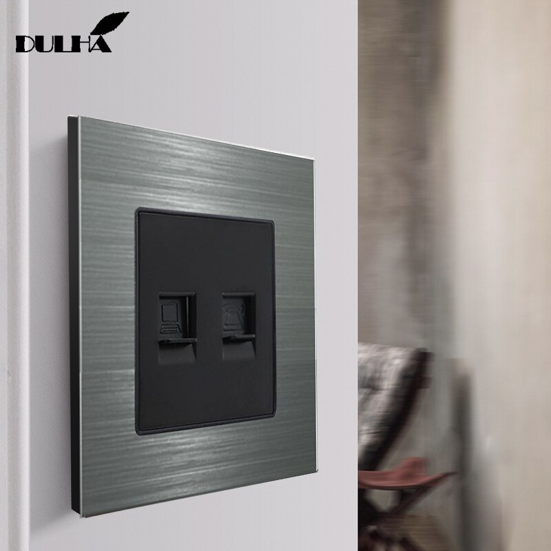 Telephone And Computer Ethernet Wall Socket Luxury Satin Metal Panel RJ45 CAT5 Data Network Jack + RJ11 TEL Electrical Outlet