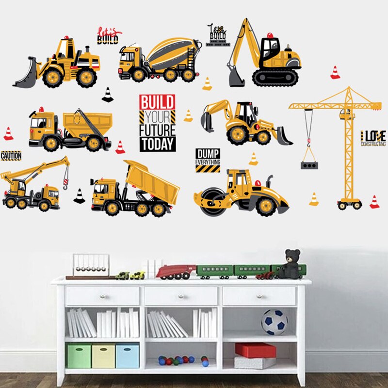 Cartoon Wall Stickers Excavator Construction Trucks Kids Bedroom Decals Decor