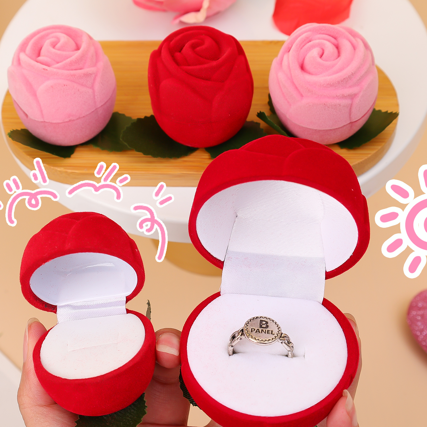 Flocking rose blomst ringæske smykker halskæder øreringe organizer vielsesringæske disk display emballage valentinsdag
