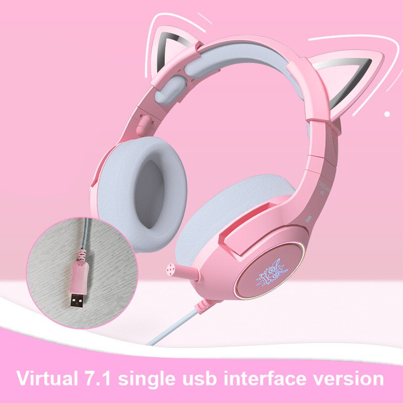 Onikuma K9 Pink Cat Ear Headset Headset Cute Girl Heart Gaming Gaming Headset Comfortable Leather Earmuffs Cat Ears Girl Headset: HiFi 7.1 Channel