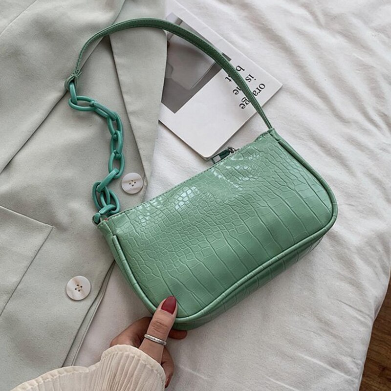 Bolso Baguette con de cocodrilo para mujer, cadena de Color caramelo , Bolso pequeño de hombro para mujer, moderno, bolso para axila de cuero: green