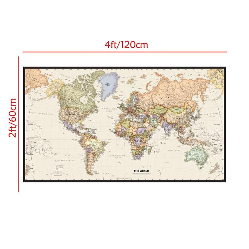 Mapa físico del mundo HD, lienzo de la escuela de pintura pared para oficina, mapa, manualidades decorativas 2x4 pies