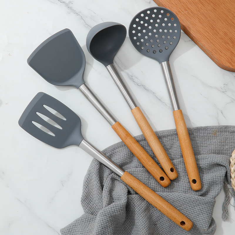 Silicone Kitchen Utensils Wooden Handle Non Stick Pot Kitchenware Cooking Set Heat-resistant Soup Spoon Pasta Colander Shovel