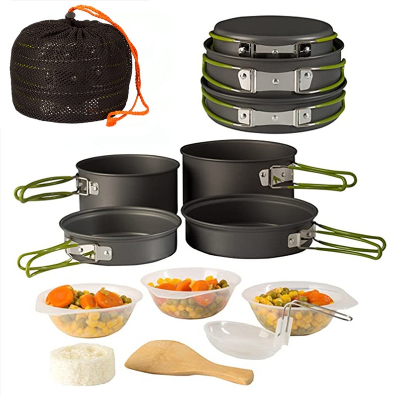 Campeggio Pentolame E Utensili per Cucinare disordine kit Zaino in Spalla Ingranaggio Escursionismo Leggero tutto'aperto Attrezzature Da Cucina 10 pz Gavetta padella pentola Ciotole Sacchetto di nylon