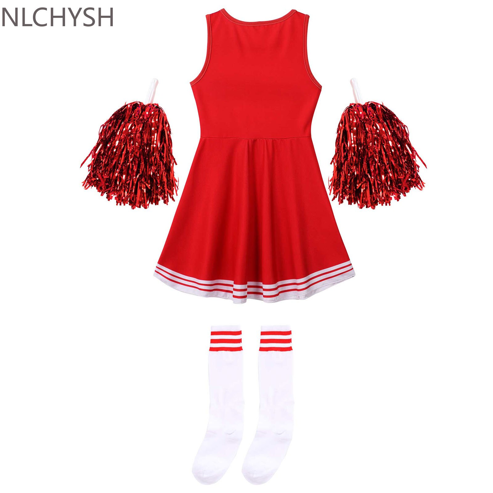 Mädchen Cheerleading Uniform tanzen Kostüm freundlicher Cheerleader Outfit Runde Ausschnitt Patchwork Stil tanzen Kleid Blume und Socken
