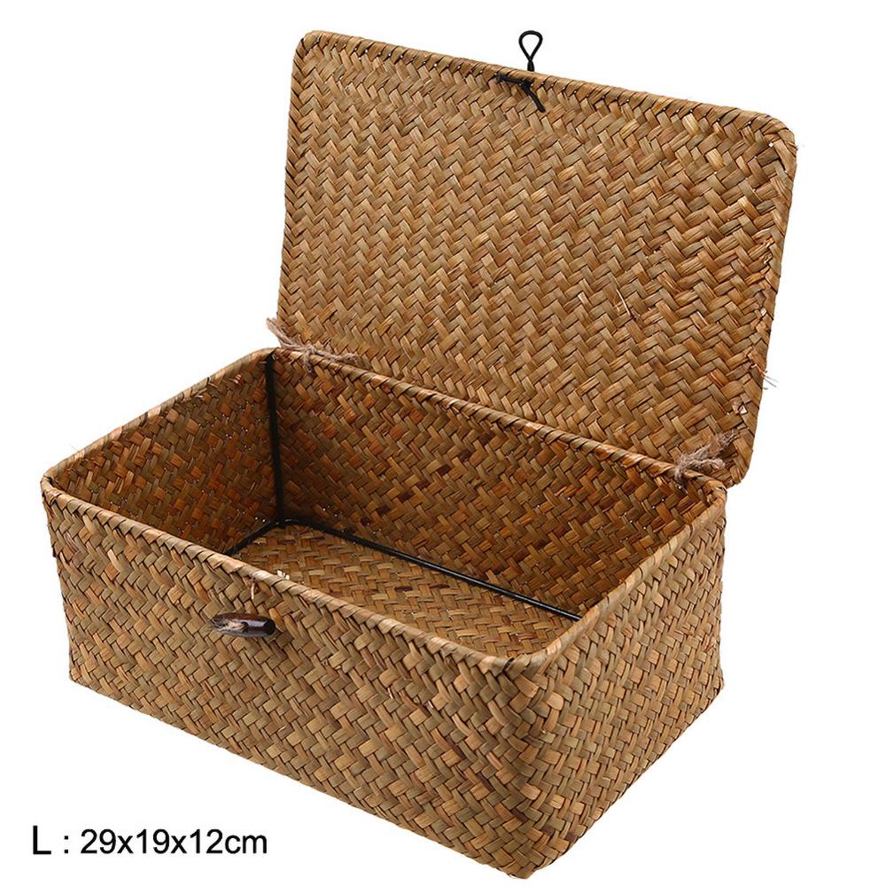 Storage Basket Rattan Storage Box With Lid Hand-woven Jewelry Box Wicker Makeup Organizer Food Container Storage Boxes: L