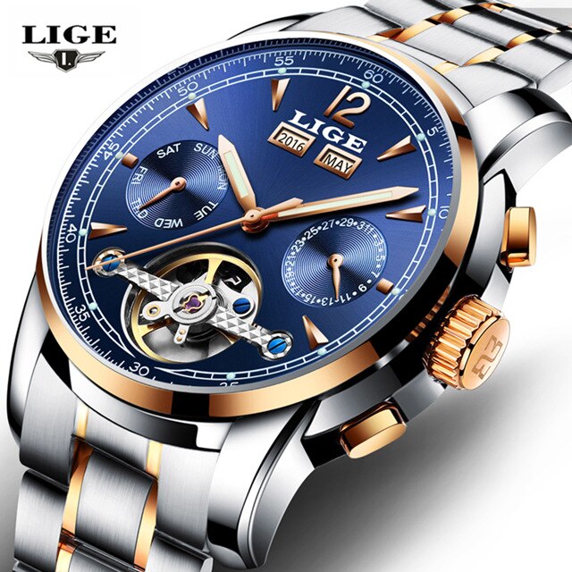 Männer Uhren Luxus oben LIGE Tourbillon Mechanische Sport Uhr Mens Geschäft Automatische Uhr Mann Relogio Masculino: Gold Blau