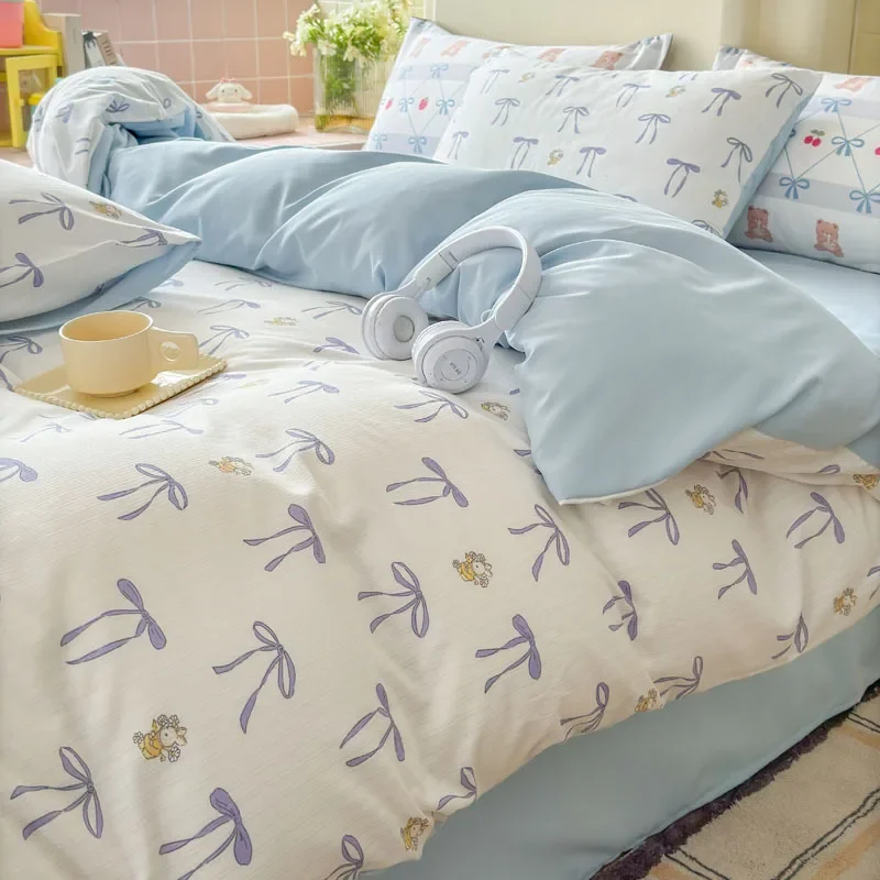 Blomstertrykket rynket bomullssengesett 4- -delt søtt, mykt og komfortabelt dynetrekk dobbelt enkelt laken til voksne: Gul