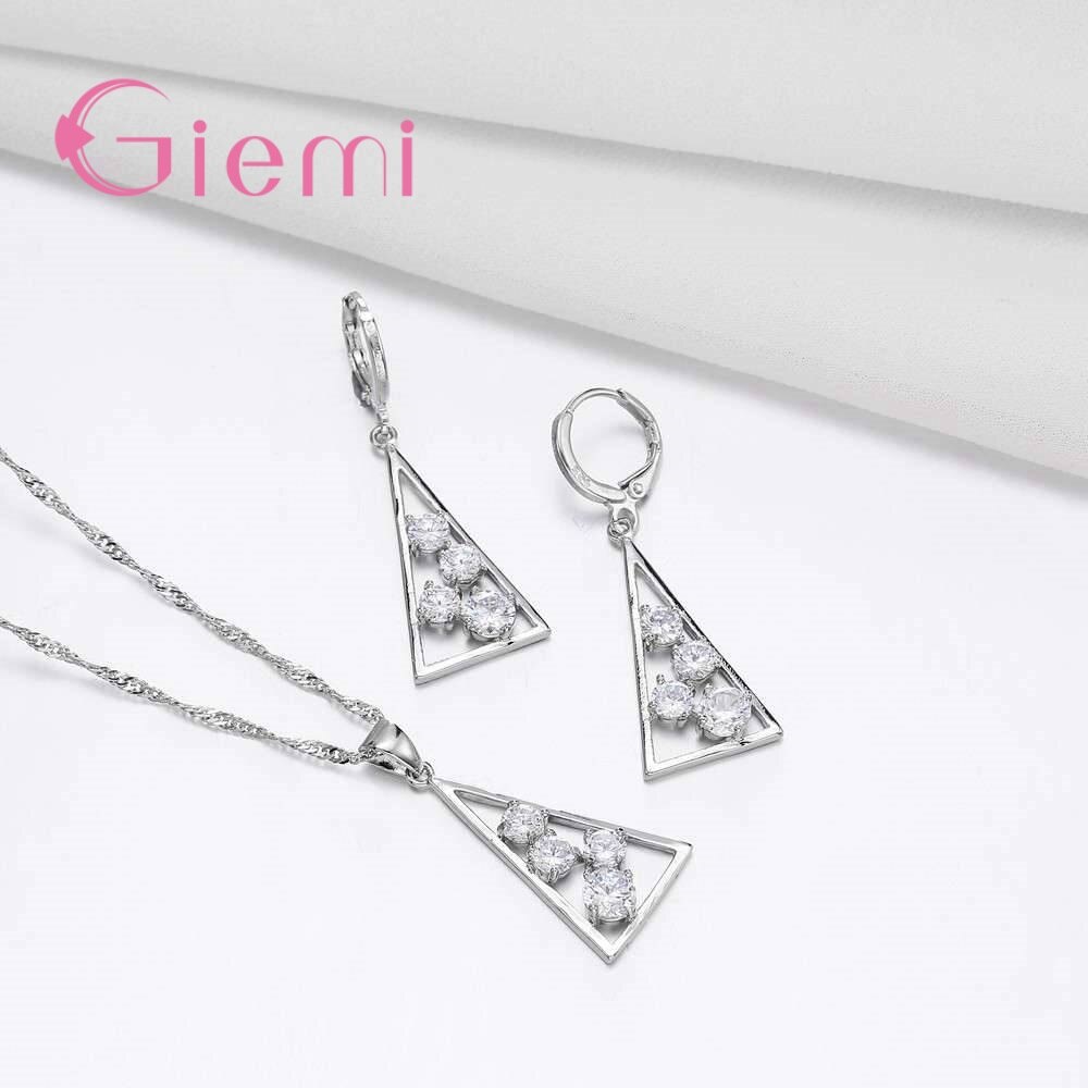 100% 925 Sterling Silver Necklace Pendants for Women Wedding Party Geometry Cubic Zirconia Hoop Earring Sets Lover Girl