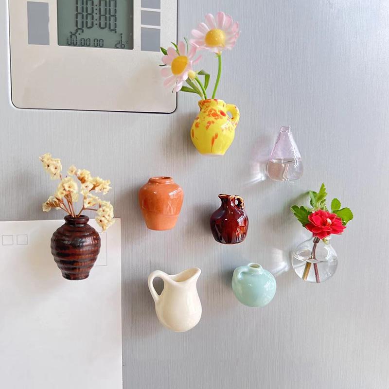 Mini aimant de de Vase en céramique, ensemble d'aimants de réfrigérateur, aimant de réfrigérateur DIY pour fleurs, décorations de réfrigérateur: WHITE